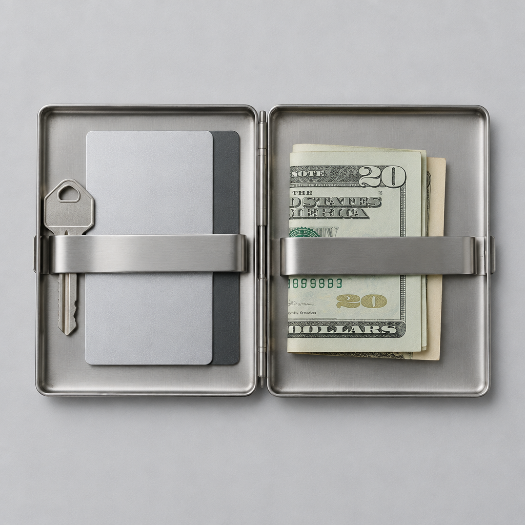 Wnetrze metalowego etui z kartami, kluczem i zlozonymi banknotami pod metalowym klipsem